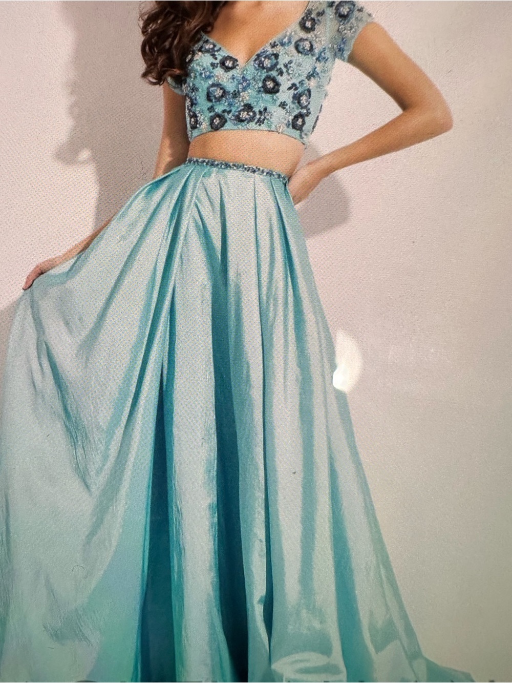 Rachel Allan Light Blue Beaded Two-Piece Evening Gown